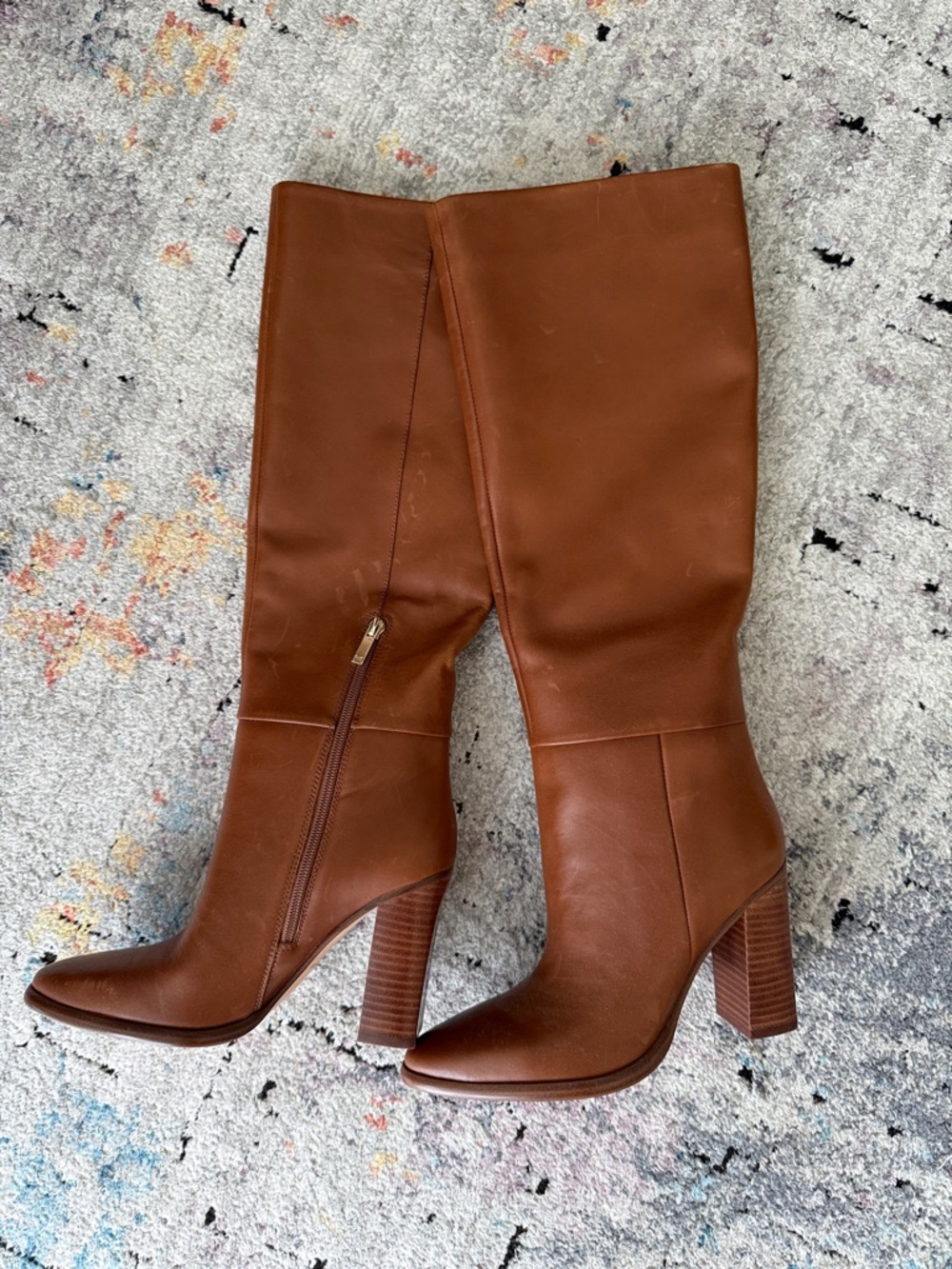 Marc Fisher Cognac Leather Mid-Calf Block Heel Boots